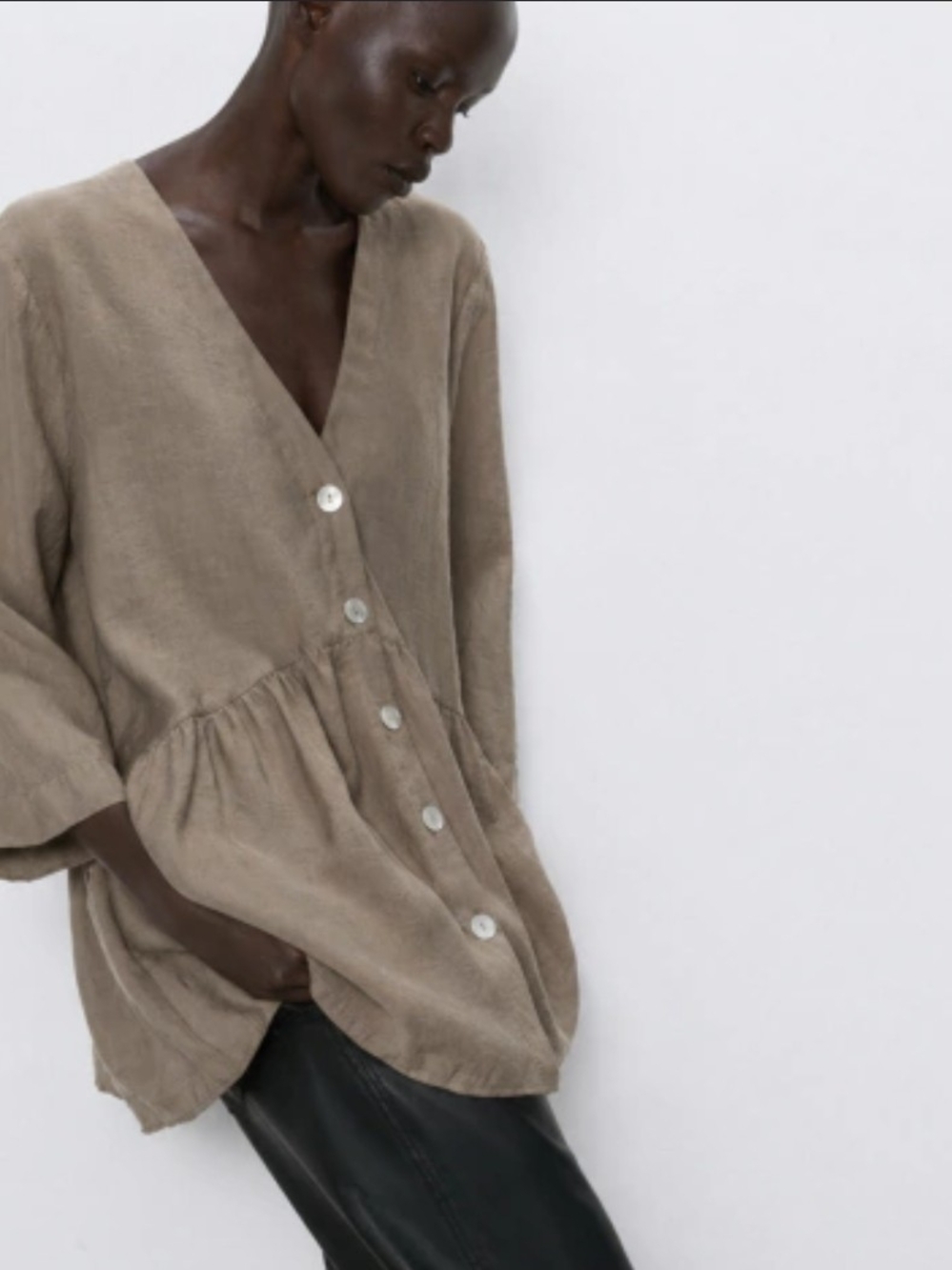 Sigrid Olsen Linen Button-Front V-Neck Tunic in Taupe